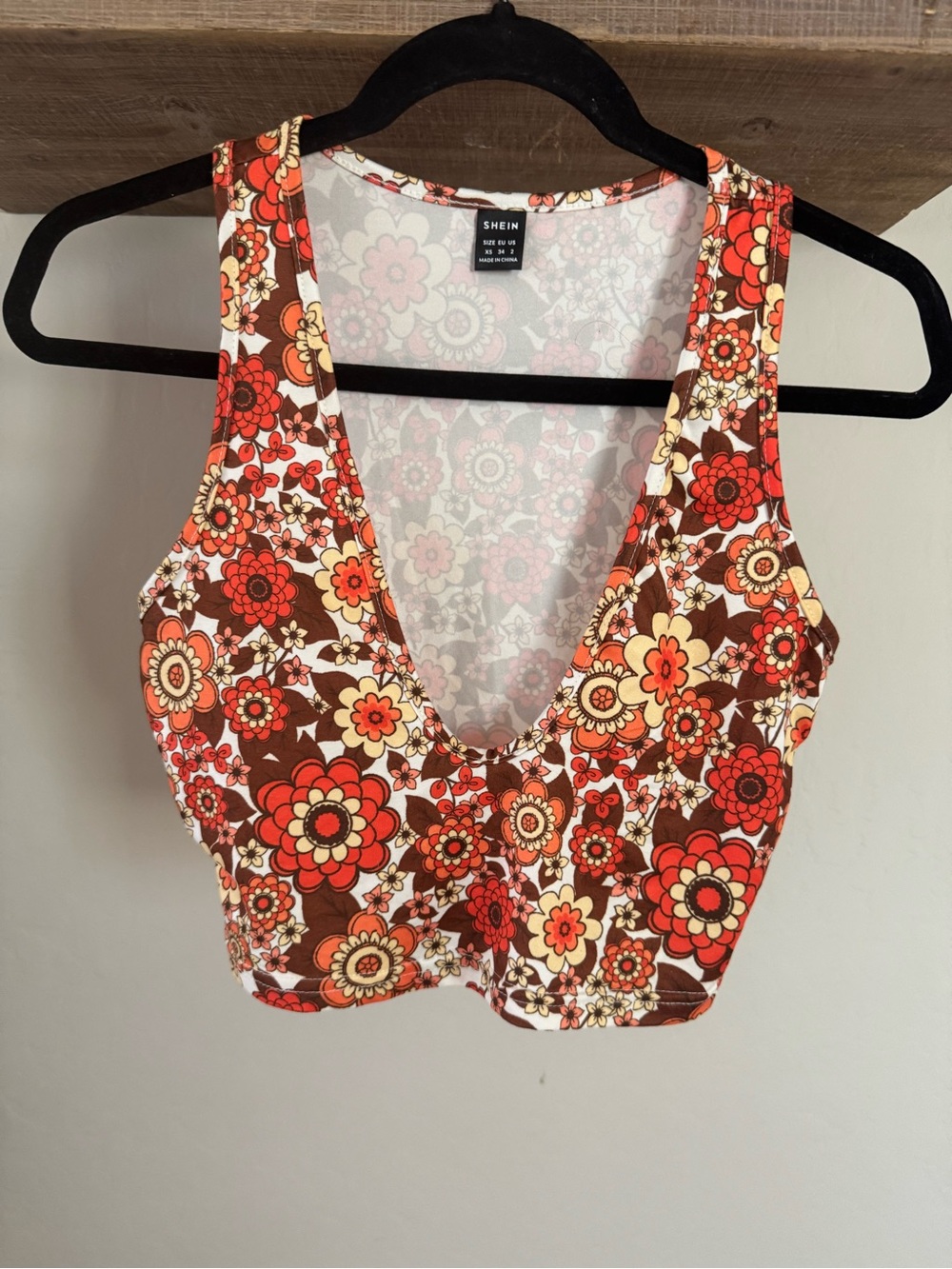 SHEIN Retro Floral V-Neck Crop Tank Top - Orange Brown Cream